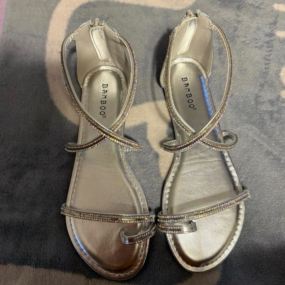 BAMBOO Metallic Silver Rhinestone Strappy Sandals